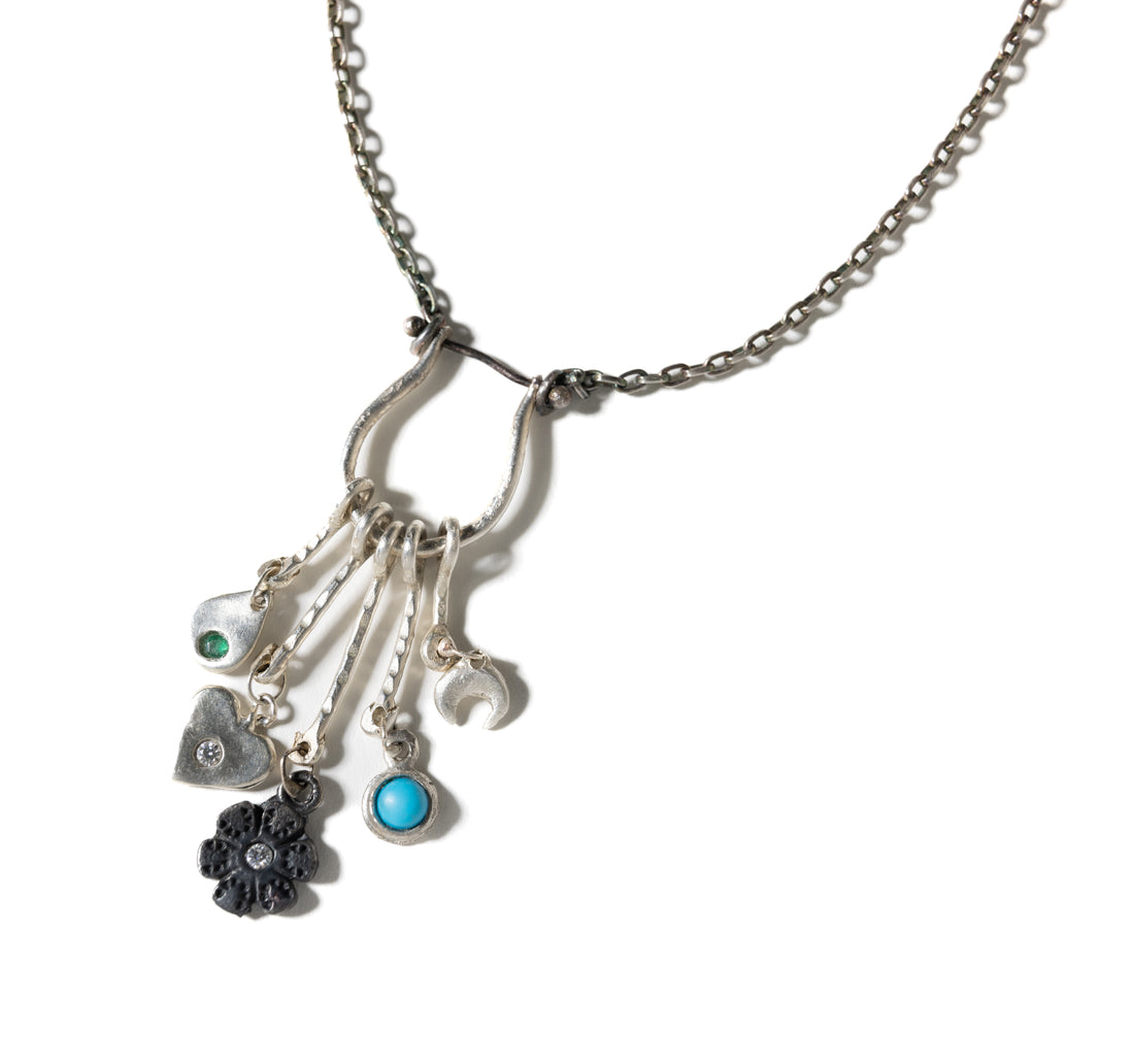 &quot;Be Mine&quot; Fringe Mixed-Metal Charm Necklace with Emerald, Diamond and Turquoise