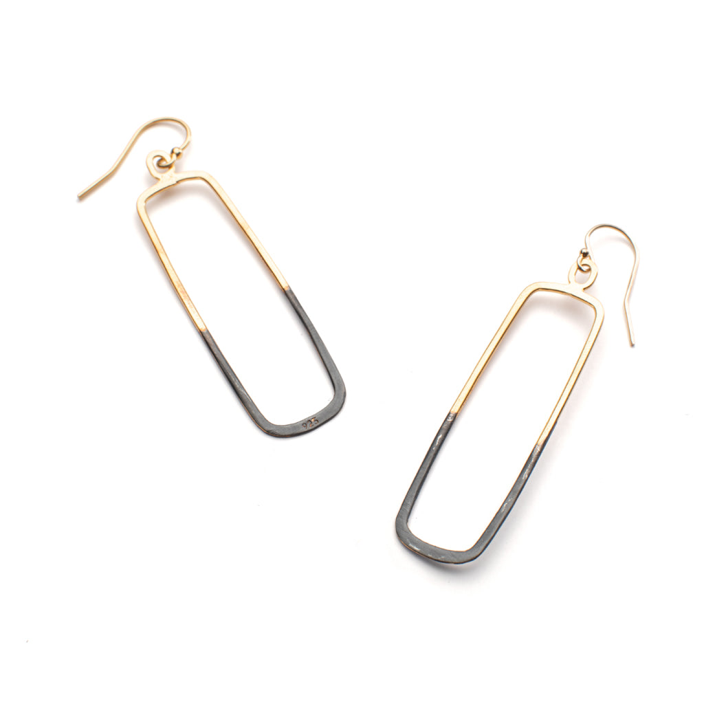 Hammered drop earrings with an unexpected geometry, a rectangular dangle earring outline in 14k Gold Vermeil