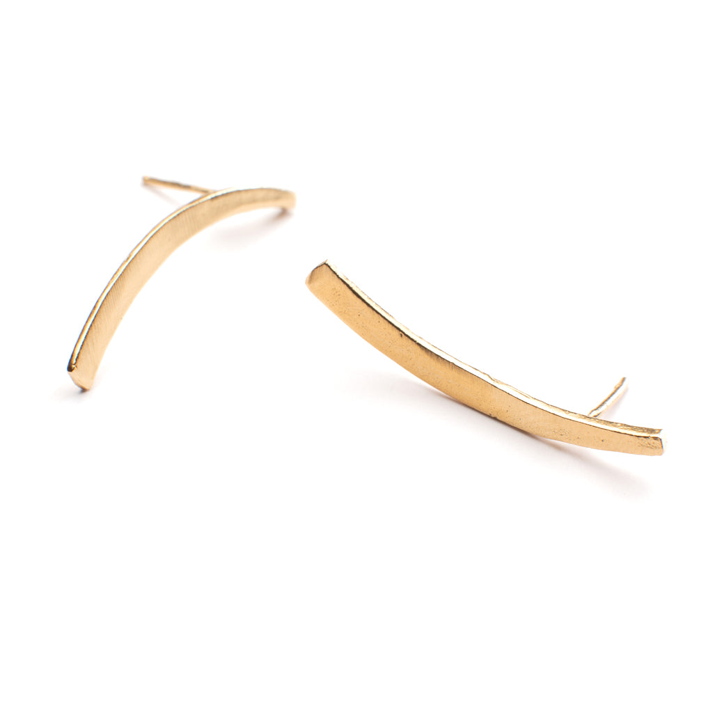handmade curved post stud earrings are flattering and timeless 1 1/2" long in 14k Gold Vermeil